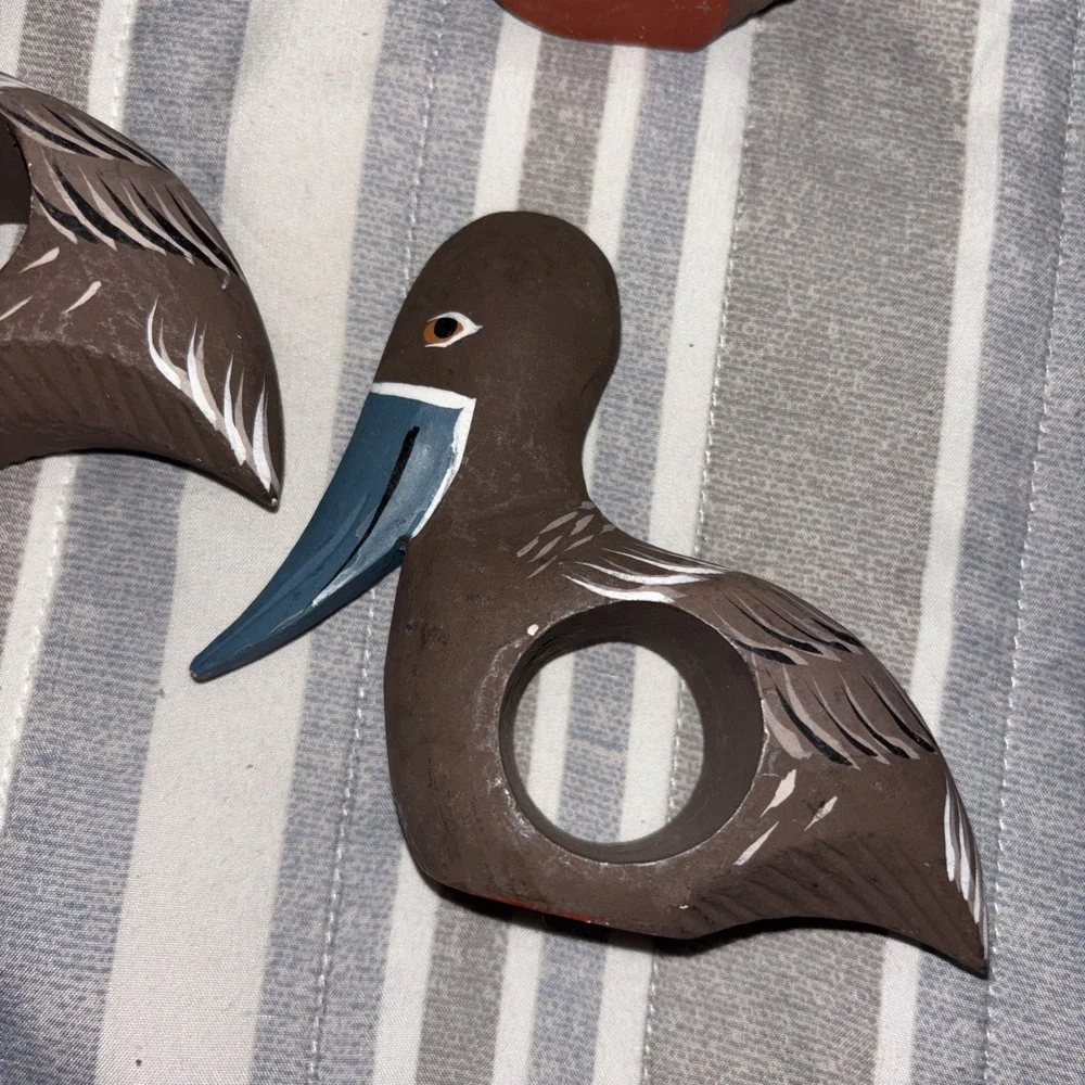 6 Pelican Napkin Ring Holders Wood Hand Carved Beach Bird Coastal Nautical